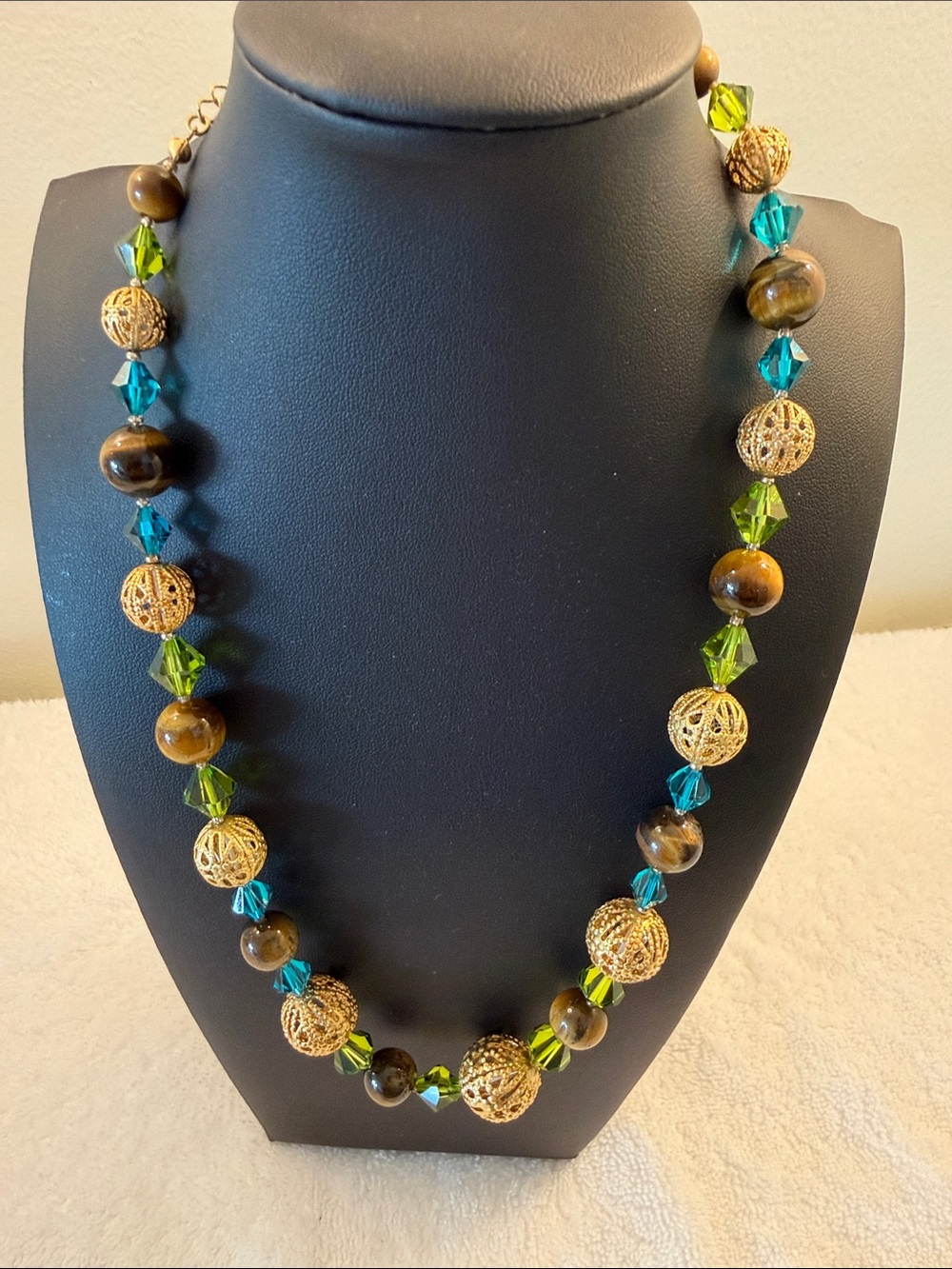 Jennifer Lopez Gold Filigree Necklace withTiger Eye Teal and Lime Crystals